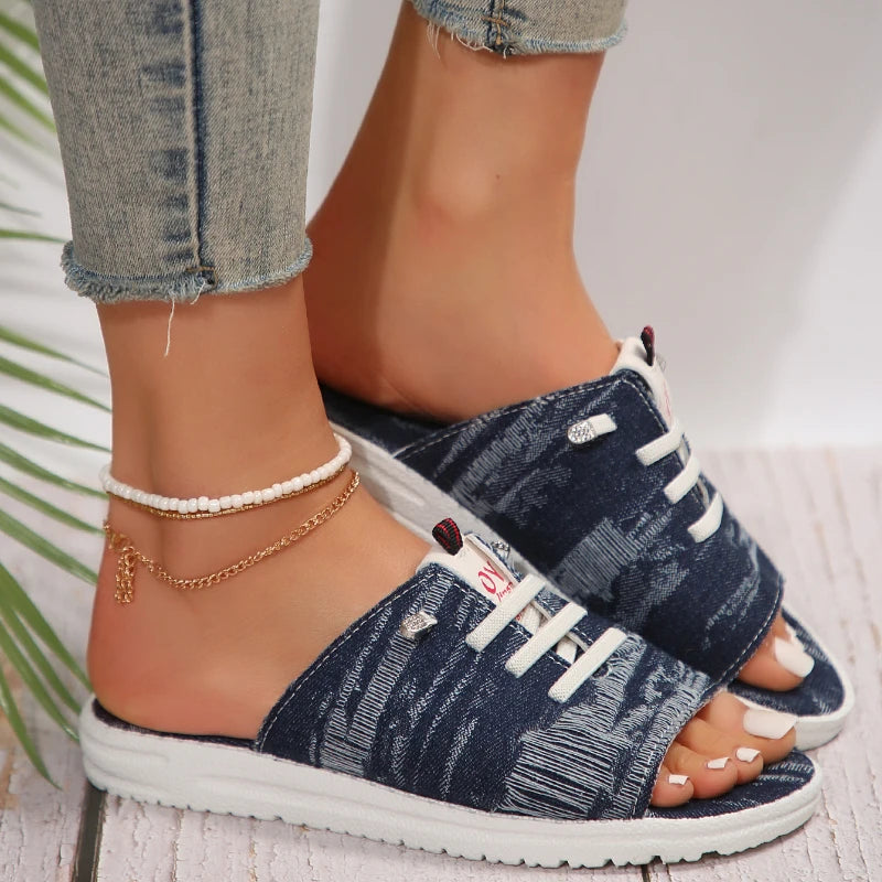 Women's Slippers Fashion Lace Up Flat Denim Beach Fish Mouth Shoes Casual Design Comfortable Femme Zapatillas Plus Size 36~43