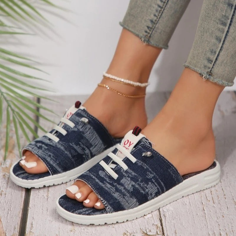 Women's Slippers Fashion Lace Up Flat Denim Beach Fish Mouth Shoes Casual Design Comfortable Femme Zapatillas Plus Size 36~43