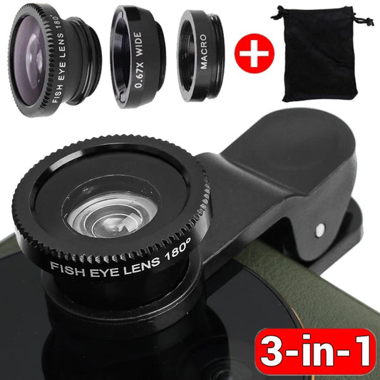 3 In 1 Macro 0.67x Wide Angle Fish Eye Lens Universal Mobile Phone Camera Fisheye Lenses For IPhone Macbook Laptops Accessories