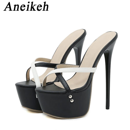 Aneikeh Summer Sexy Thin High Heel Women Platform Sandals Fashion PU Narrow Band Shallow Open Toe  Party Dress Slingbacks Shoes